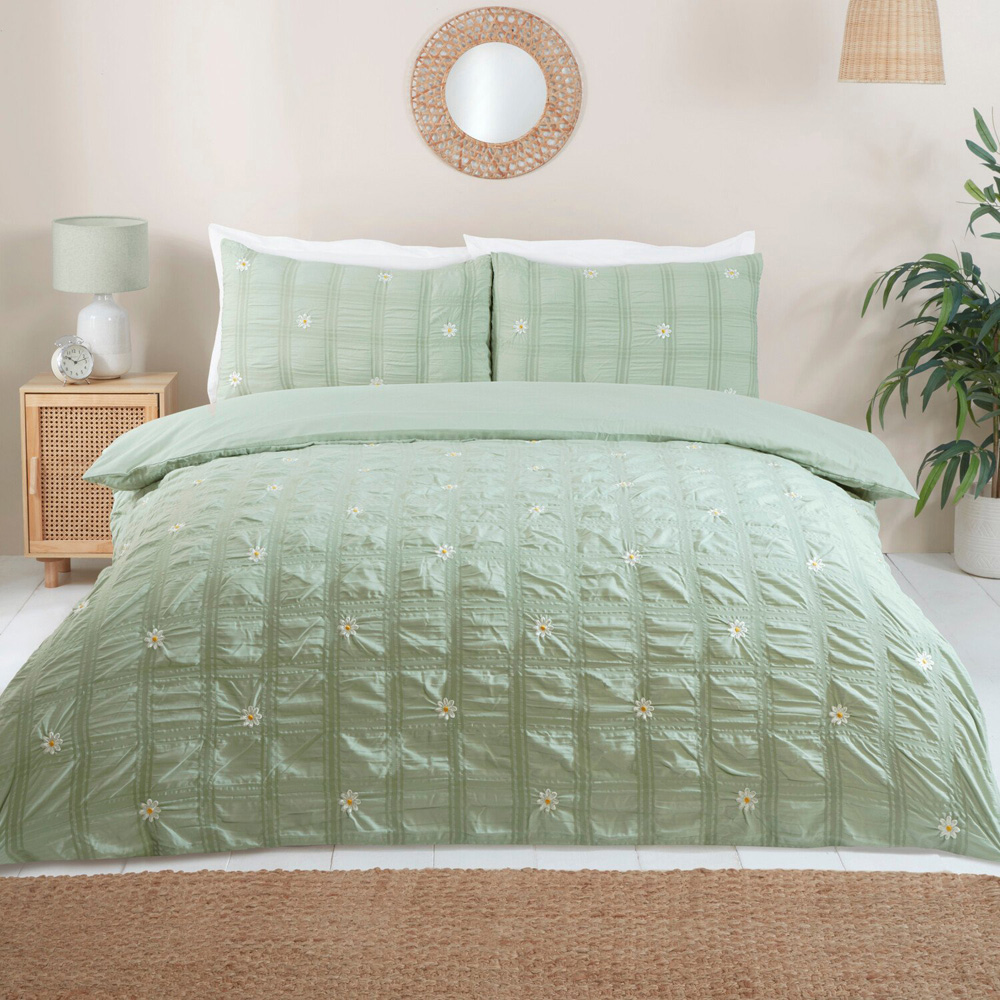 Darcey Embroidered Duvet Set Sage Green King Image 1