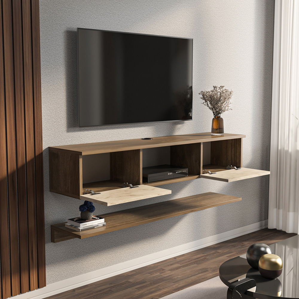 Decorotika Elia 2 Door Single Shelf Walnut Travertine Wall Mounted TV Unit with Wall Shelf Image 6