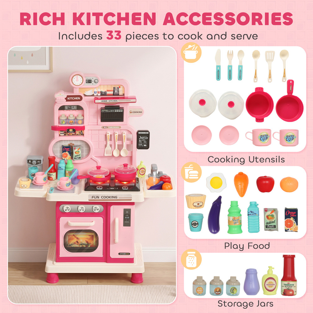 AIYAPLAY Kids Pink 33 Piece Kitchen Playset with Light Sound and Storage Image 3