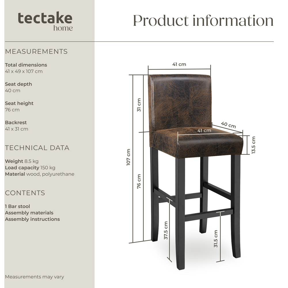 Tectake Antique Brown Leather Padded Bar Stool Image 8