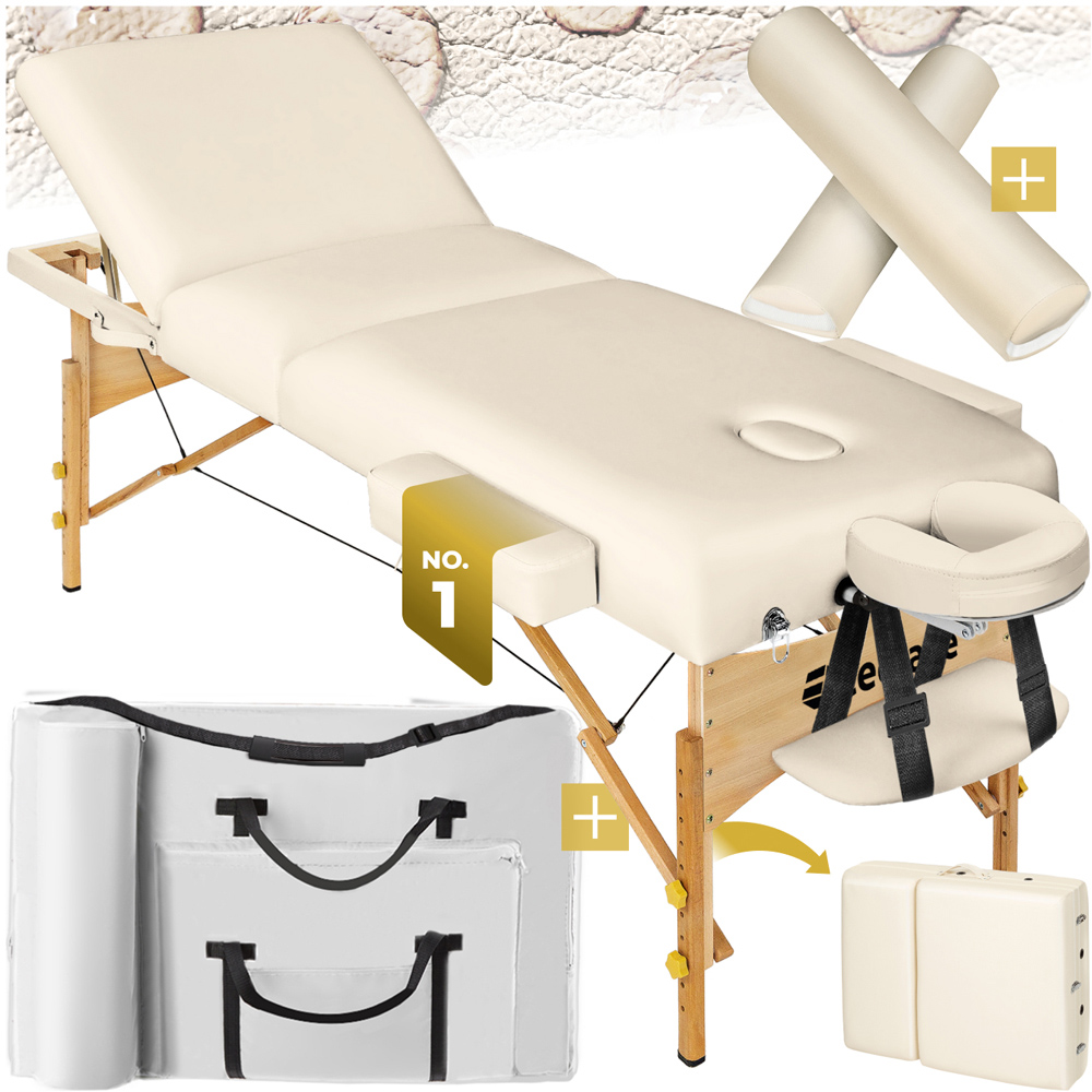 tectake Beige 3 Zone Somwang Massage Table with Headrest Armrests Footrest and Bolster Set Image 3