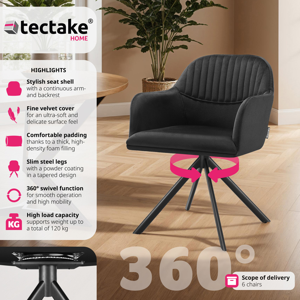 Tectake Black Lounge Velvet Fabric Armchair Accent Chair 6 Pack Image 3