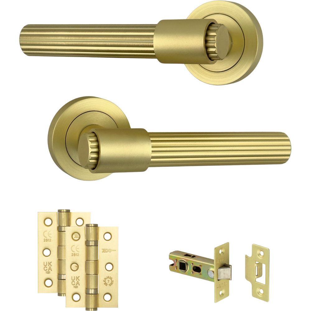 AXS Hardware Nevada Satin Brass Latch Door Handles on Rose Image 1