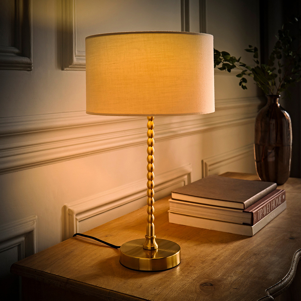 ValueLights Maeve Natural and Gold Drum Shade Bobbin Bobble Table Lamp and LED Bulb Image 2