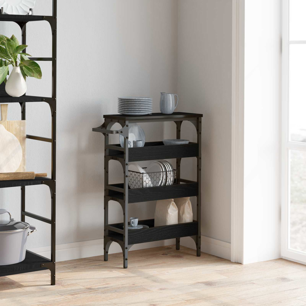 vidaXL 3 Shelf Black Oak Kitchen Trolley with Handle Image 9