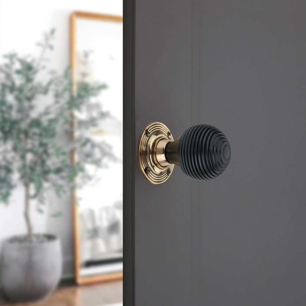Spira Brass Aged Brass Ebonised Beehive Rim and Mortice Door Knob 2 Pack Image 2
