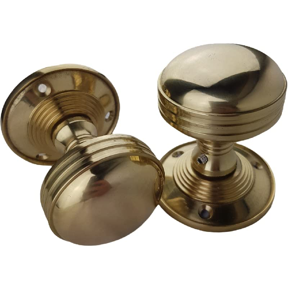 Golden Grace Polished Brass Ringed Reeded Mortice Unsprung Door Knob Set Image