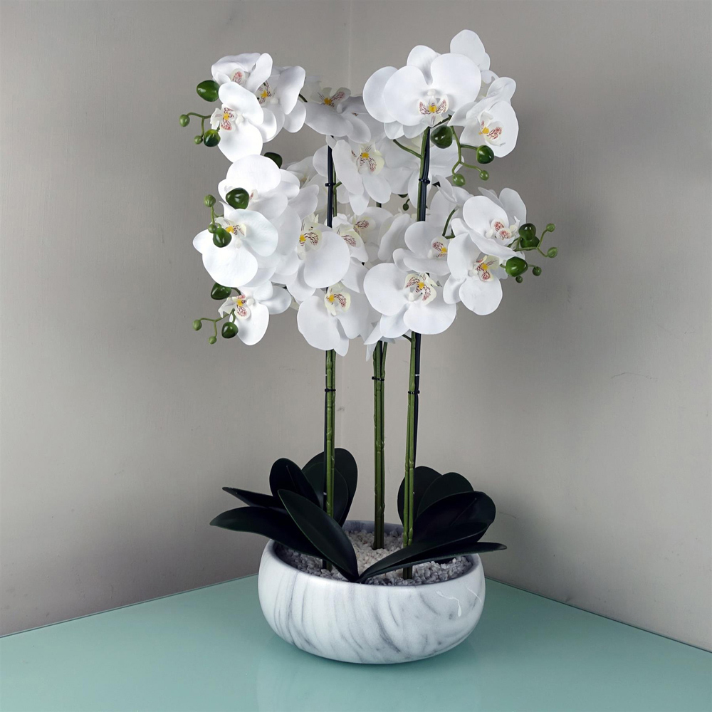 Leaf White Orchid Artificial Plant in Marble Effect Ceramic Planter 2ft Image 2