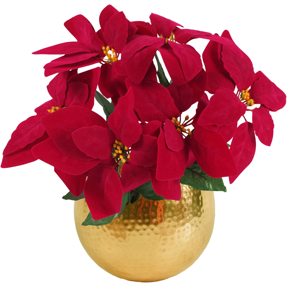 Leaf Christmas Red Poinsettia Artificial Plant in Gold Curved Metal Planter 40cm Image 1