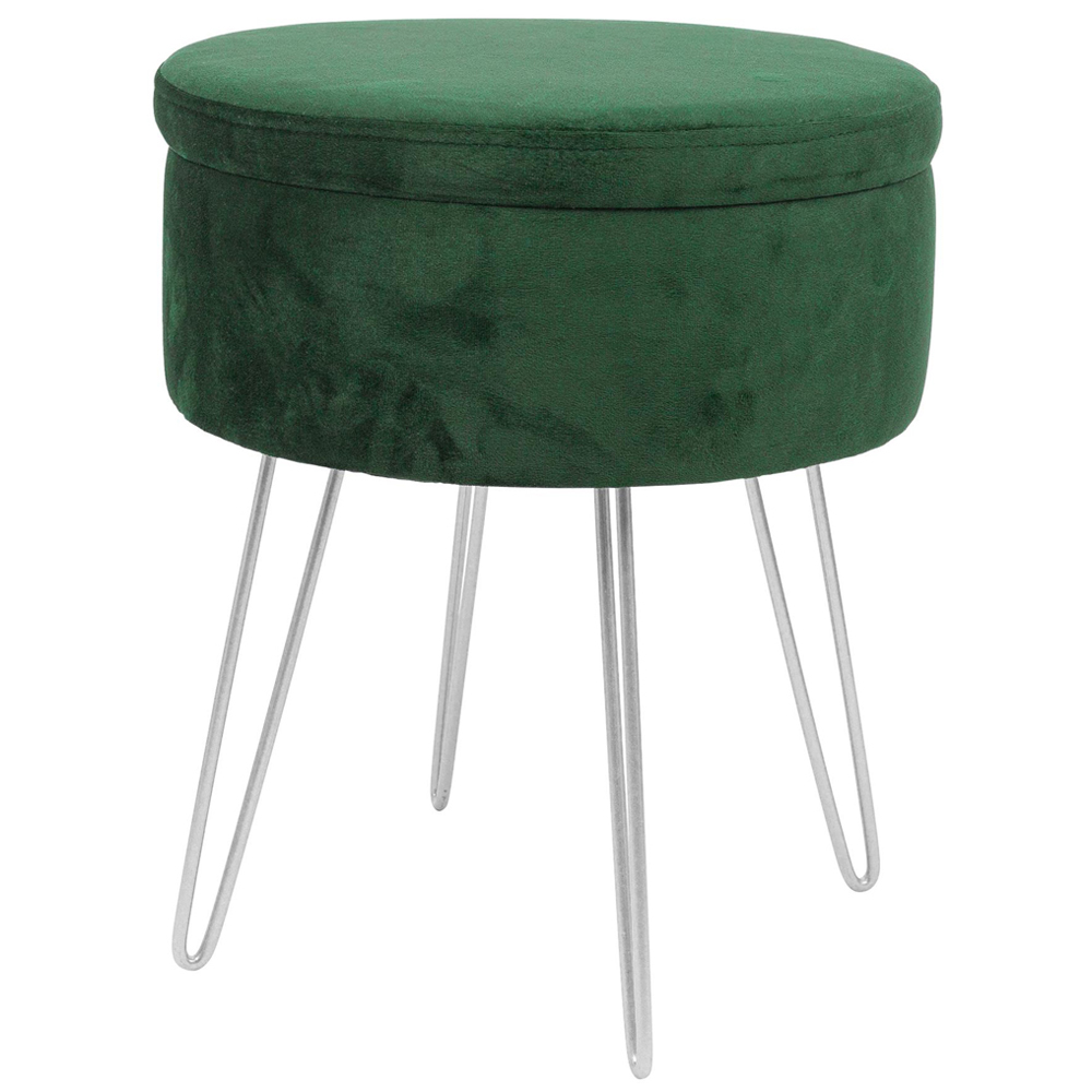 Harbour Housewares Green and Silver Velvet Round Footstool with Storage Image 2