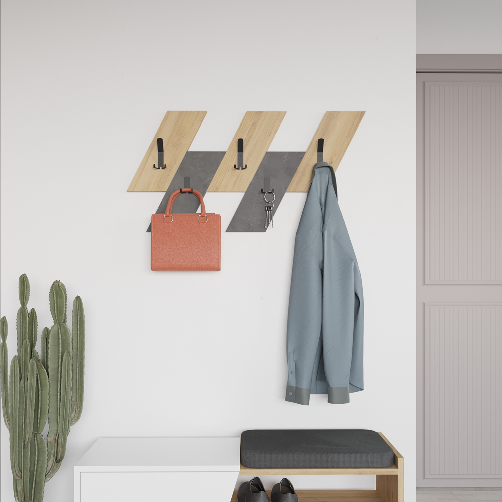 Decortie Ivy 5 Hook Oak and Retro Grey Modern Wall Mounted Hanger Image 2