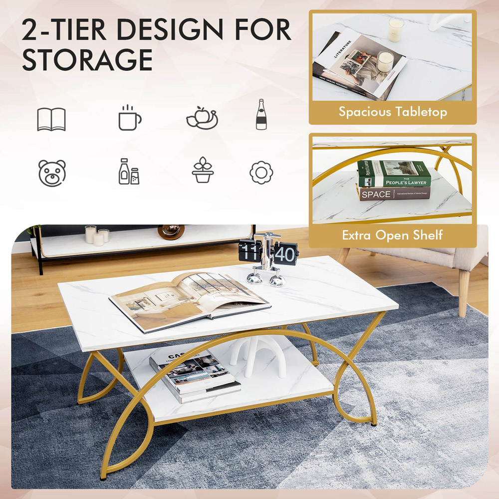 Costway Single Shelf White Faux Marble Coffee Table with Golden Metal Frame Image 6