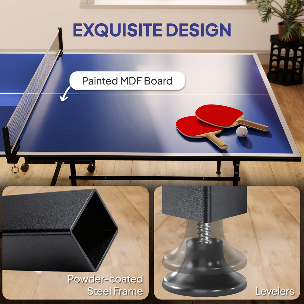 SPORTNOW Blue Foldable Indoor Tennis Table with 4 Wheels Image 6