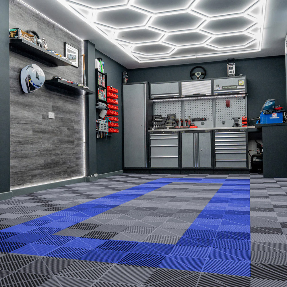 MonsterShop 165 Grey and 60 Blue Vented Garage Floor Tiles with Edges and 2 x 14 Hexagon LED Light Image 2