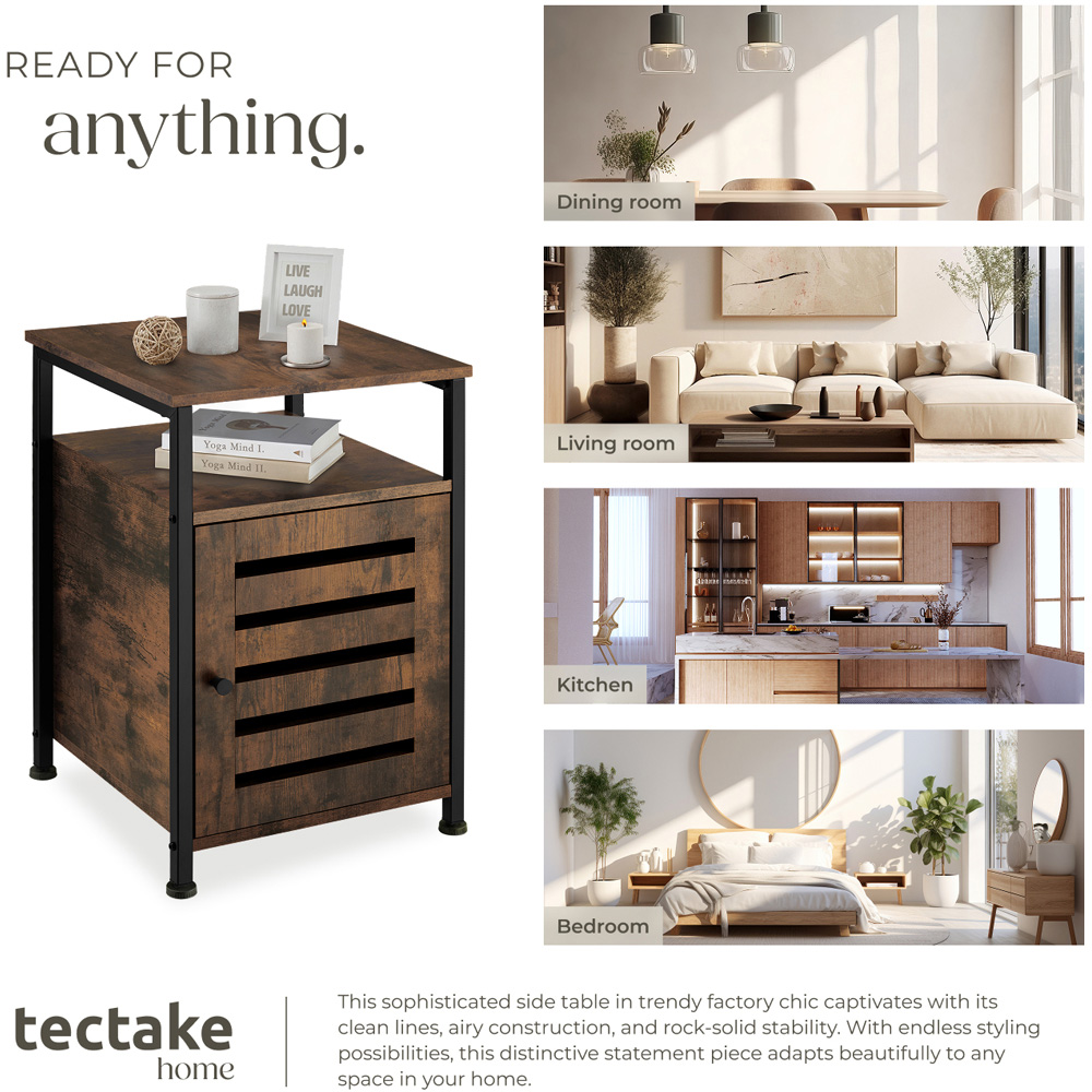 Tectake Cork Single Door Single Shelf Rustic Dark Wood Bedside Table Image 7
