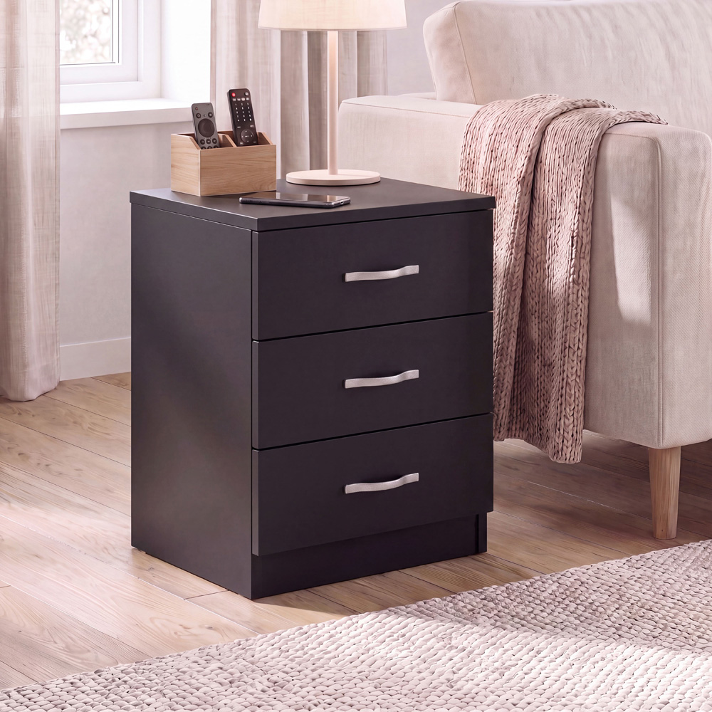 Vida Designs Riano 3 Drawer Black Melamine Finish Bedside Table Set of 2 Image 3