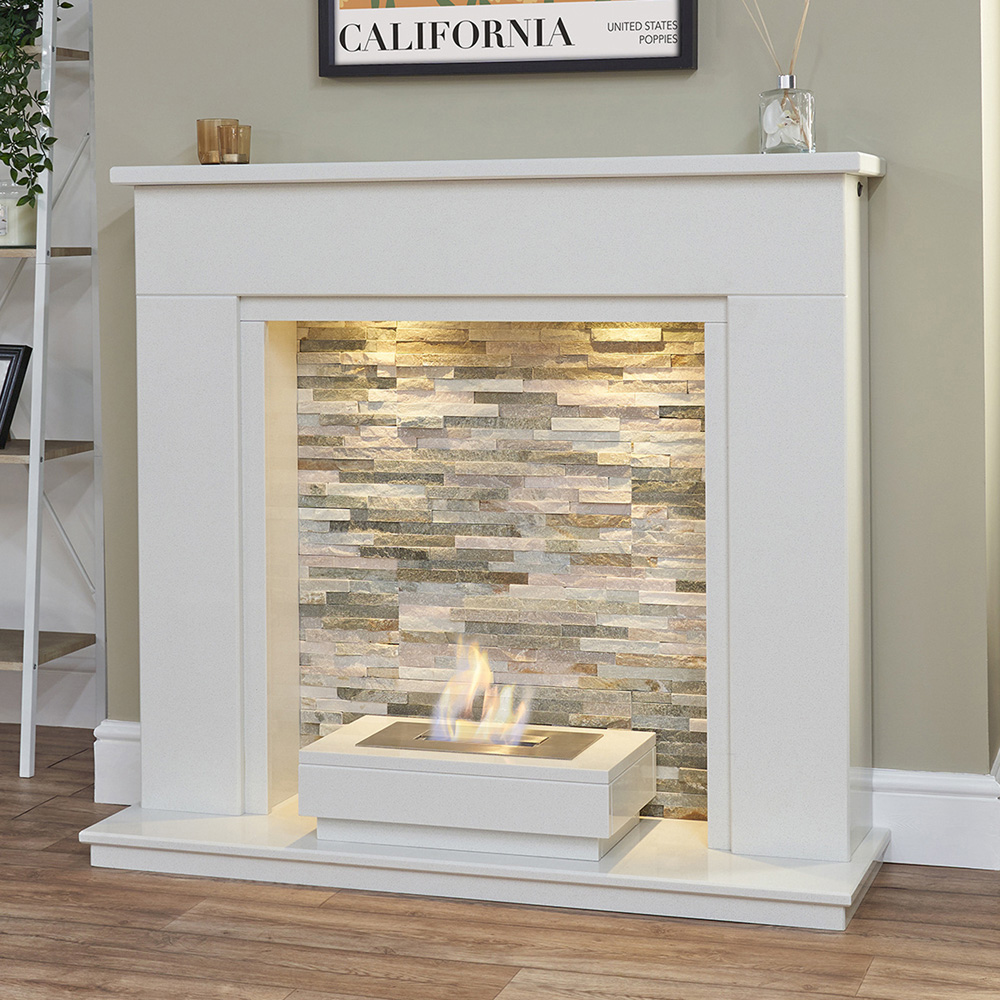 Acantha Amalfi White Marble Fireplace with Downlights and Altea Bio Ethanol Burner 48 inch Image 6