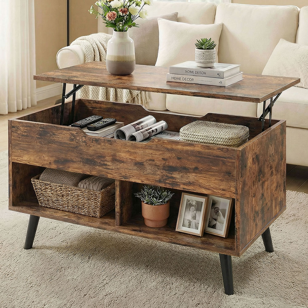 Portland 2 Shelf Rustic Brown Lift Up Top Coffee Table Image 1