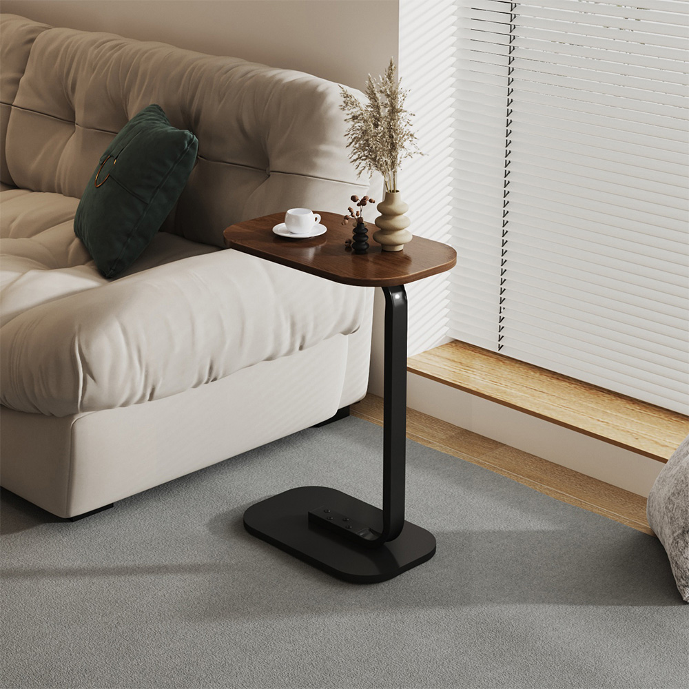 Living and Home Walnut C-Shaped Side Table with Metal Frame Image 7