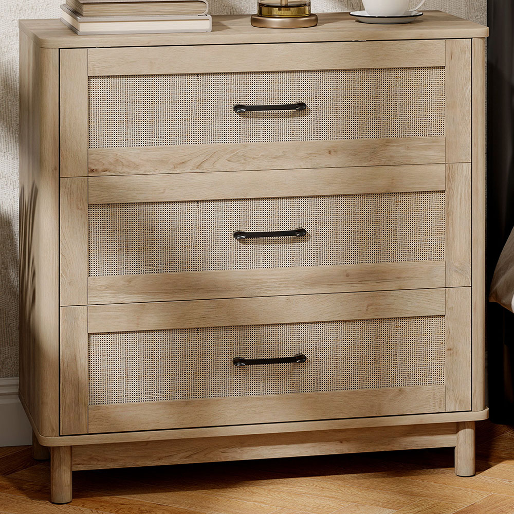 Portland 3 Drawer Oak Rattan Wide Chest of Drawers Image 1