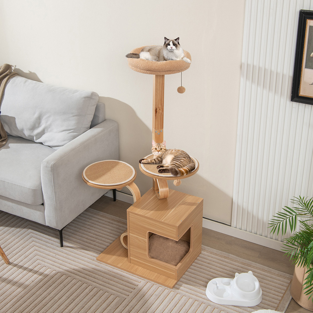 Costway Natural Wooden Cat Tree with Solid Wood Post 130cm Image 2
