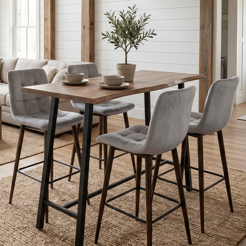 Kosy Koala 4 Seater Grey Velvet Wood Effect Top Bar Table and Stool Set Image 1