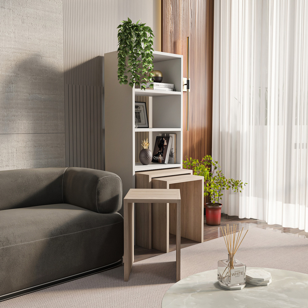Decorotika Modern Melo 3 Shelf White Cordoba Bookcase with Nest of Tables Set of 3 Image 6