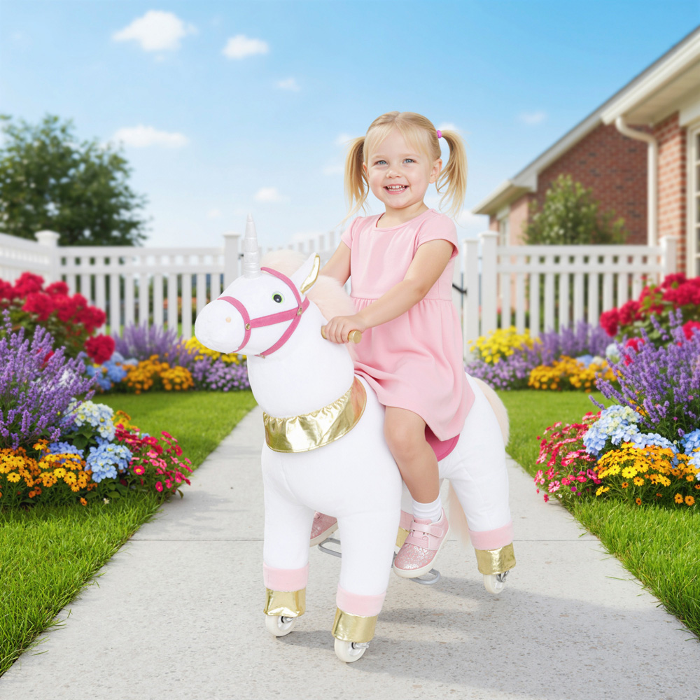 Tommy Toys AIYAPLAY Kids White Plush Ride On Rocking Unicorn with Wheels Image 2