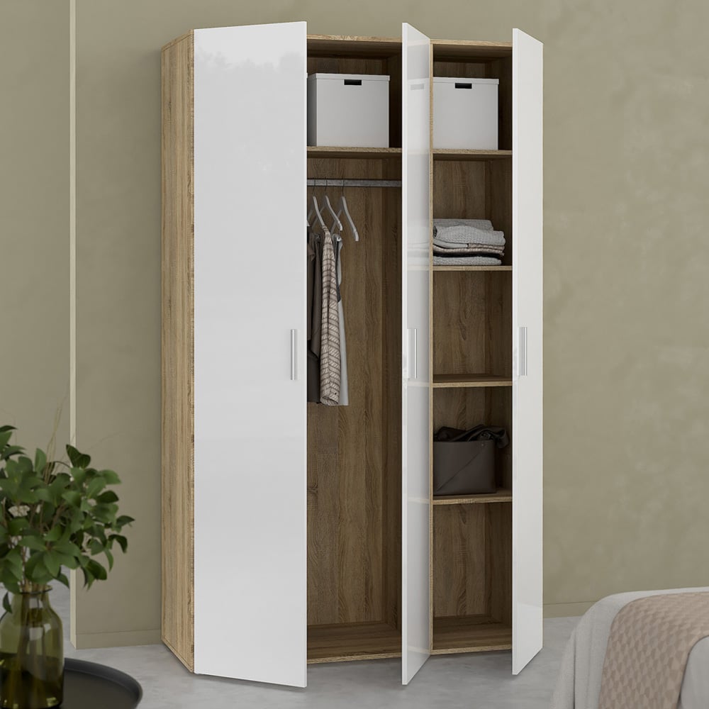Florence 3 Door Oak and White High Gloss Wardrobe Image 6