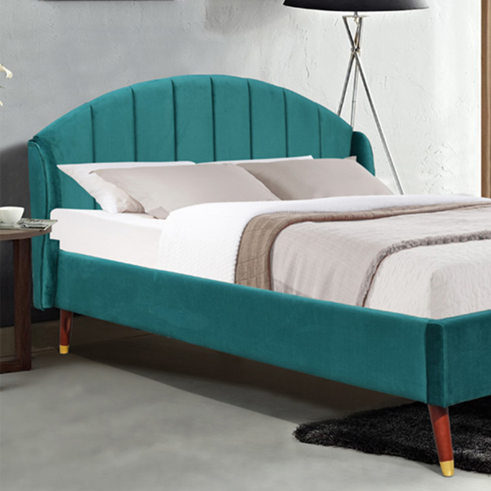Brooklyn Winged Double Green Plush Velvet Bed Frame with Curved Headboard Image 2