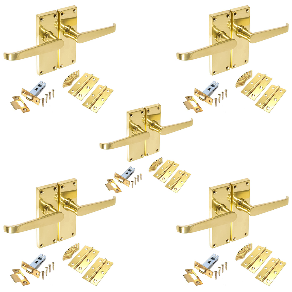 Golden Grace Victorian Straight Polished Brass Lever Latch Door Handles Set 5 Pack Image 1