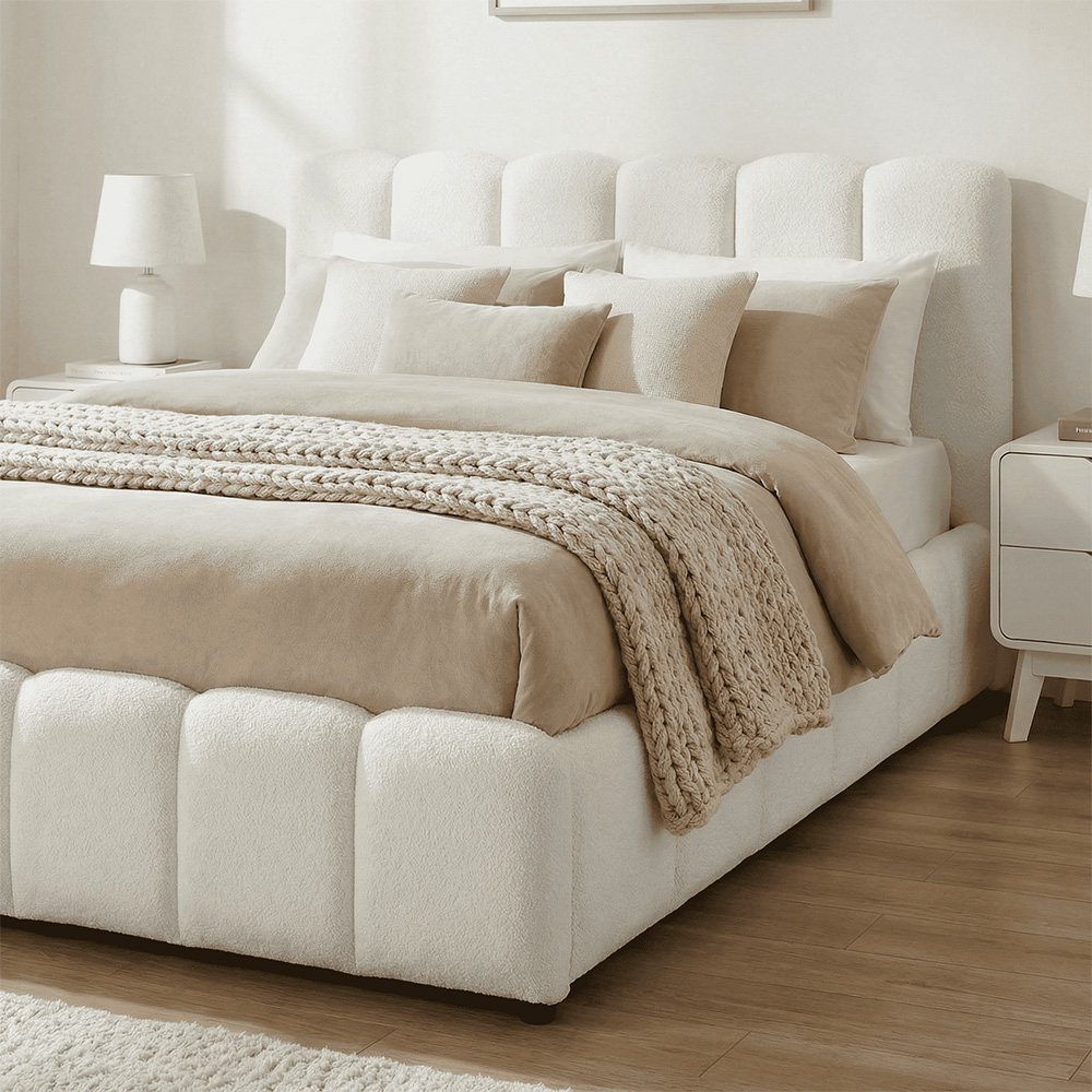 Home Source Bubble Double White Textured Velvet Lift-Up Ottoman Bed with Fluted Headboard Image 4