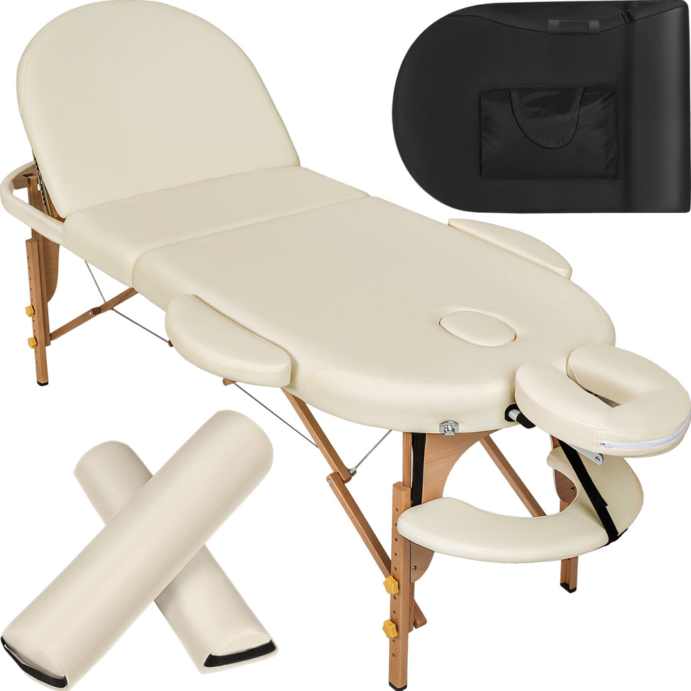 Massage Table - oval, 3-zone bed, with bolsters, carry bag, head- and armrests - Beige Image 1