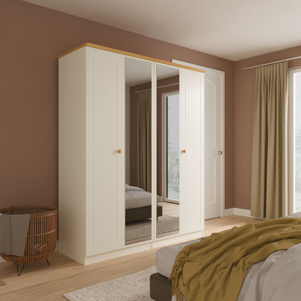 Crowndale Warwick 4 Door Cream Ash and Modern Oak Mirror Wardrobe Ready Assembled Image 9