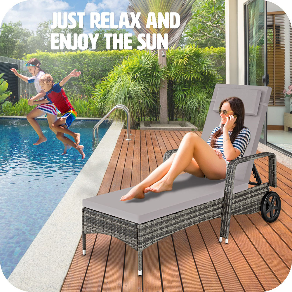 tectake Cassis Grey 6 Level Adjustable Sun Lounger with Removable Headrest and Wheels Image 7