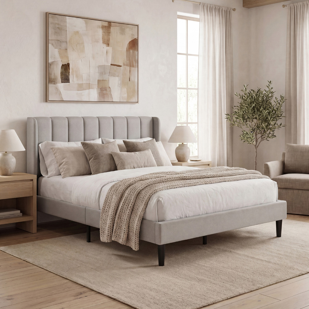 VIDA DESIGNS Vianna Double Beige Linen Fabric Bed with Memory Foam Bonnell Spring Mattress Image 8