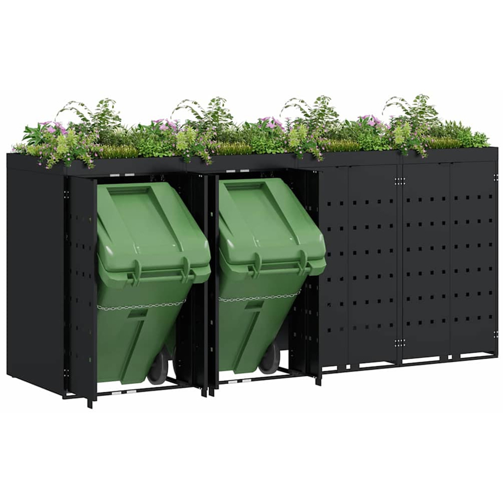 vidaXL Black 4 Wheelie Bin Storage Shed with Planter Roof Image 3