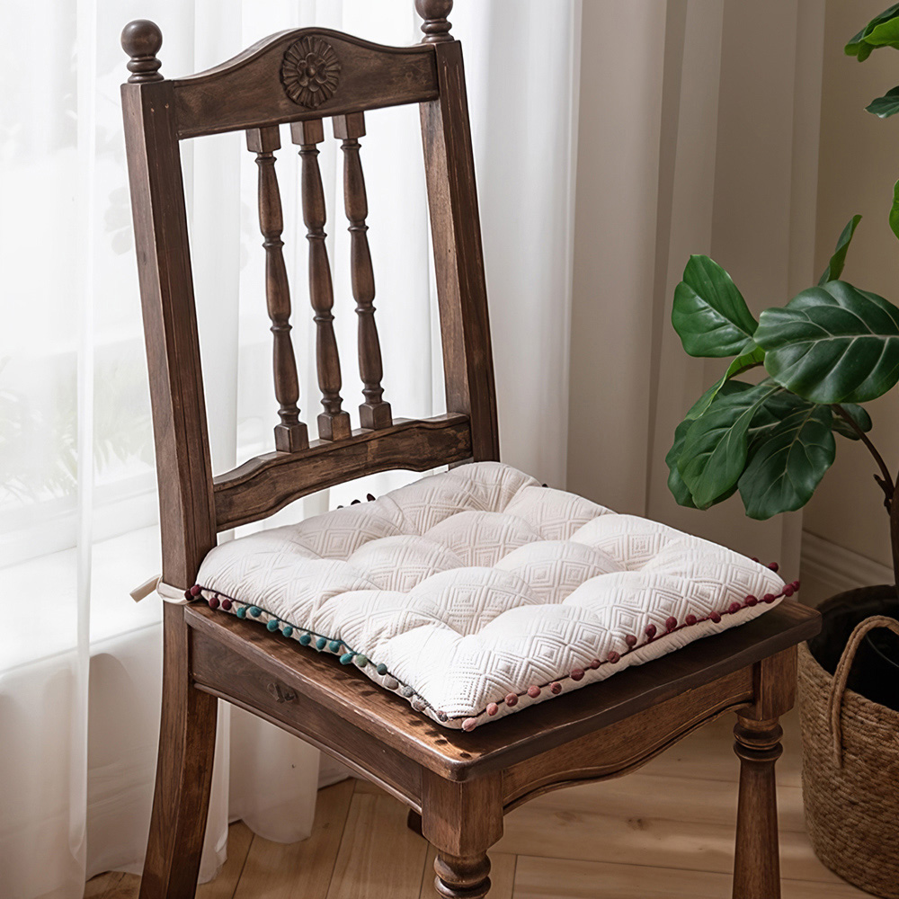 Living and Home White Square Dining Chair Cushion with Pom Poms 40 x 40cm Image 2