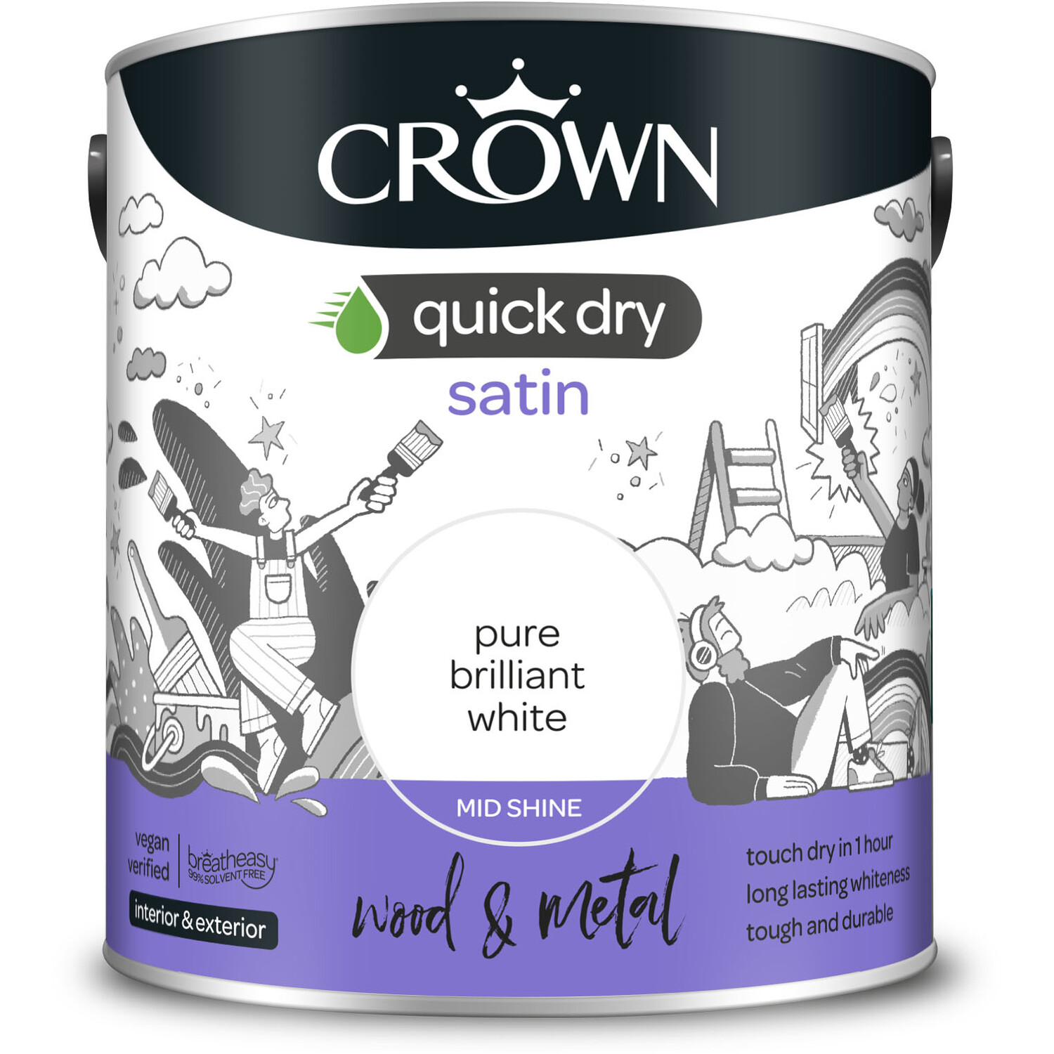 Crown Quick Dry Wood and Metal Pure Brilliant White Satin Paint 2.5L Image 2