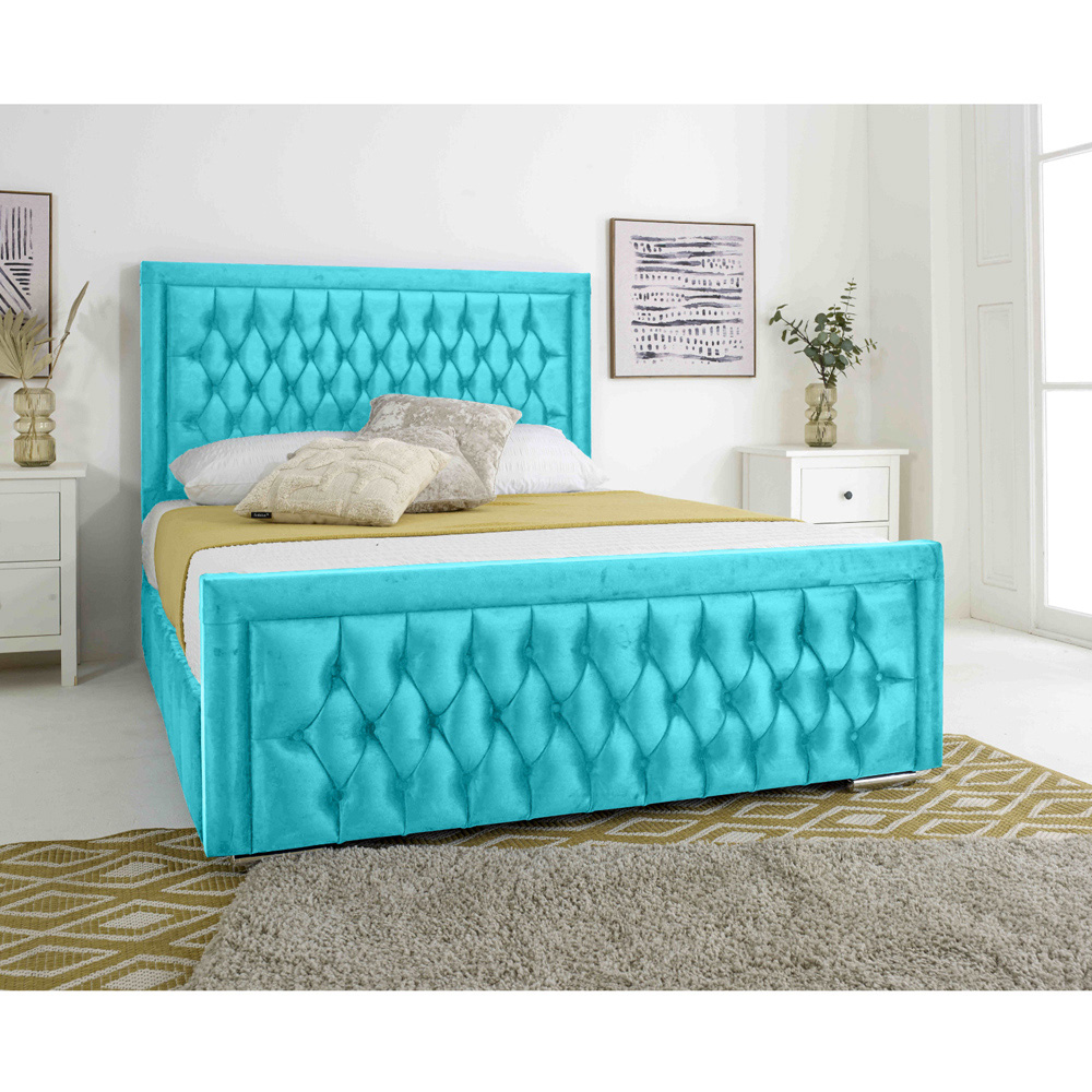 Eleganza Paloma Small Double Teal Plush Velvet Bed Frame with Headboard and Footboard Image 2