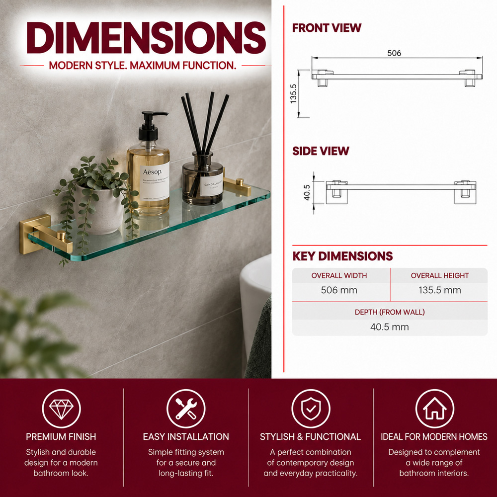 Go Bathrooms Froma Gold Wall Mounted Glass Shelf 500mm Image 4