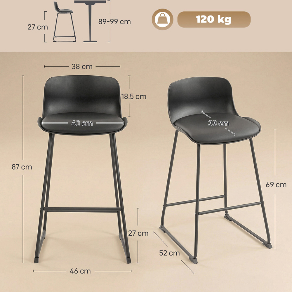 Portland Black PU Leather Upholstered Bar Stool with Footrest Set of 2 Image 8