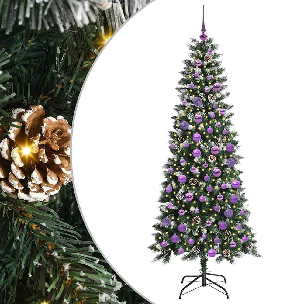 vidaXL Pre-Lit Lilac Baubles Green Artificial Snow Tipped Christmas Tree 6ft Image 2