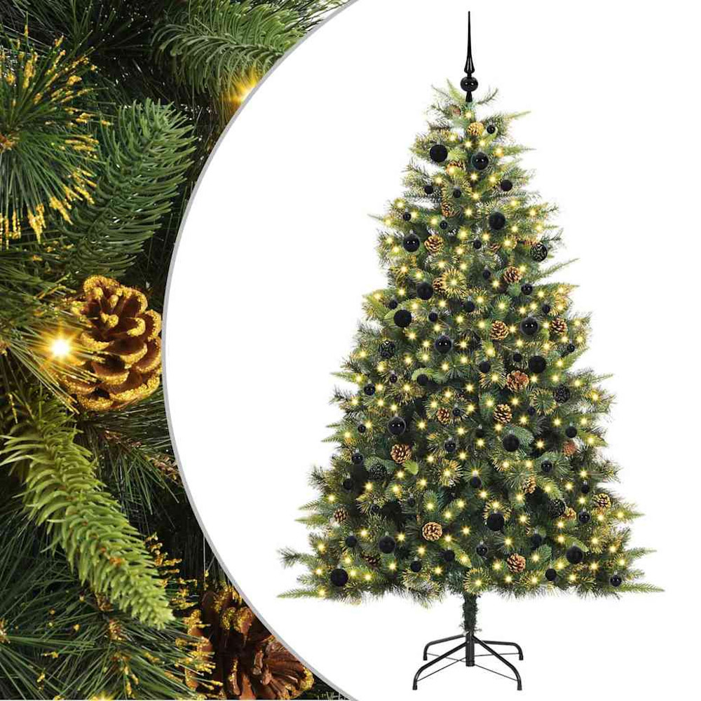 vidaXL Pre-Lit Black Baubles and Pinecones Green Artificial Christmas Tree 8ft Image 2
