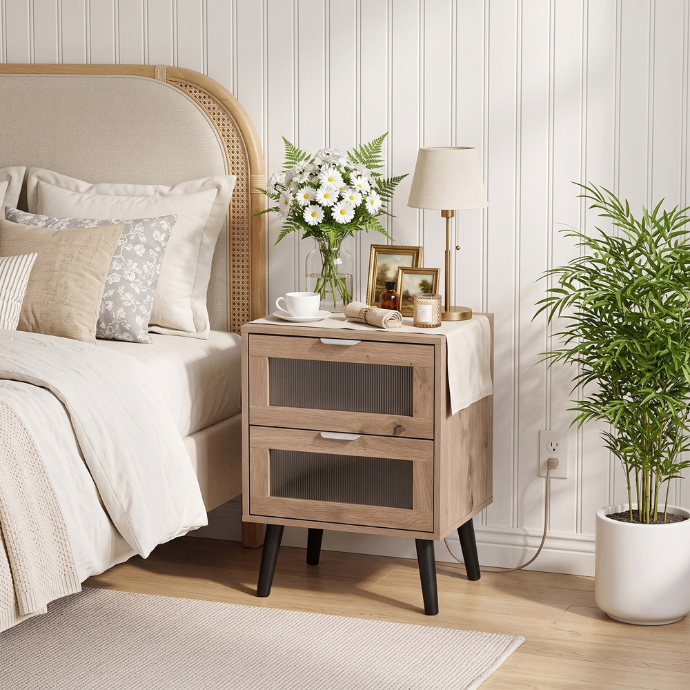 Living and Home 2 Drawer Light Wood Grain Acrylic Bedside Table Image 7