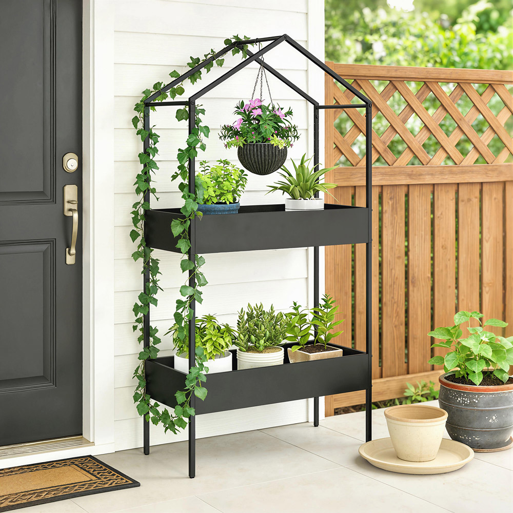 Outsunny 2 Shelf Black Metal Plant Stand with Hook Image 3