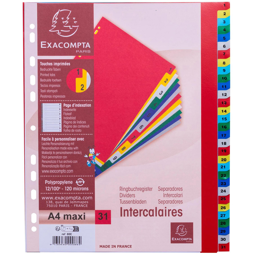 Exacompta A4 Maxi Bright Assorted Colour Polypropylene 1-31 Printed Divider 20 Pack Image 2