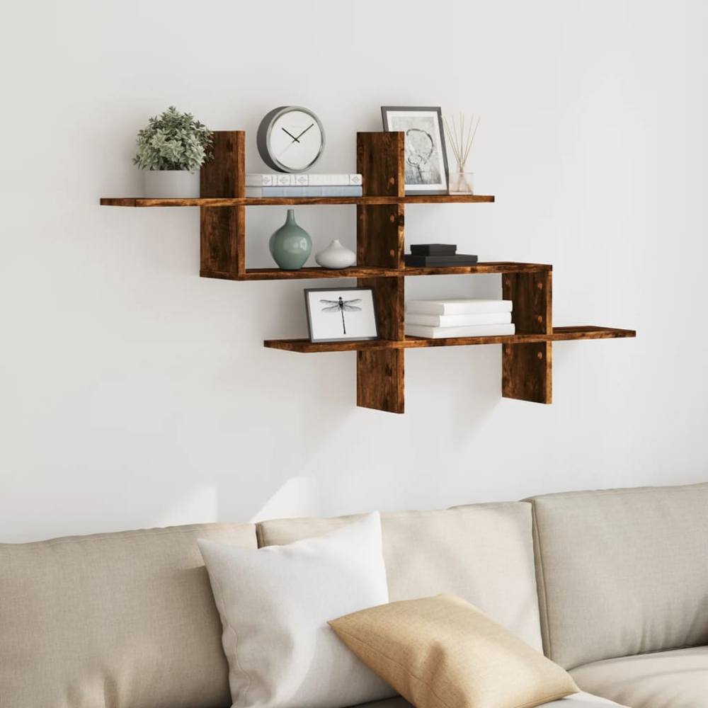 vidaXL 8 Shelf Smoked Oak Floating Wall Shelf Image 2