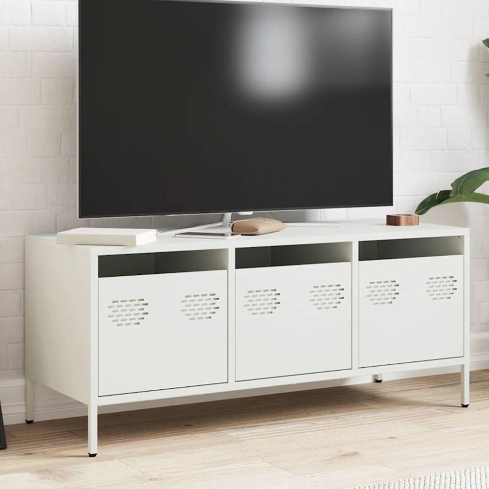 vidaXL 3 Drawer White Steel Industrial Style TV Cabinet Image 1