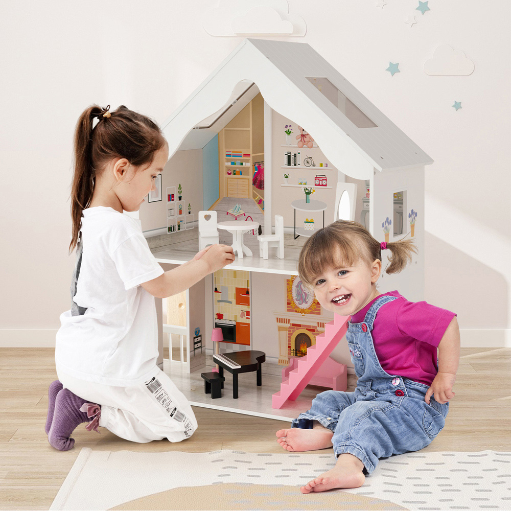 Costway White Kids Wooden Dollhouse Image 2